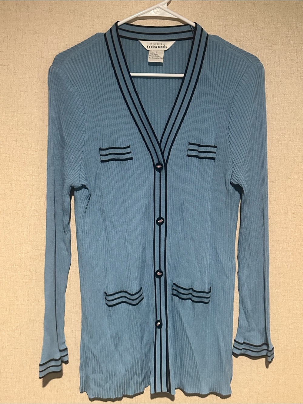 Misook Large Vintage Light Blue Ribbed Button Up Cardigan